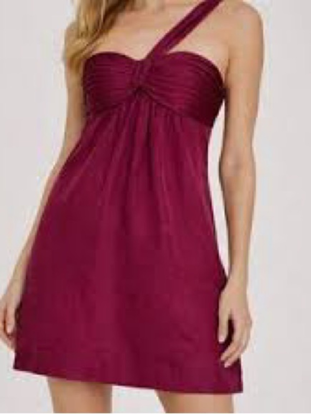 BCBGMaxAzria One-Shoulder Twist Mini Dress in Burgundy
